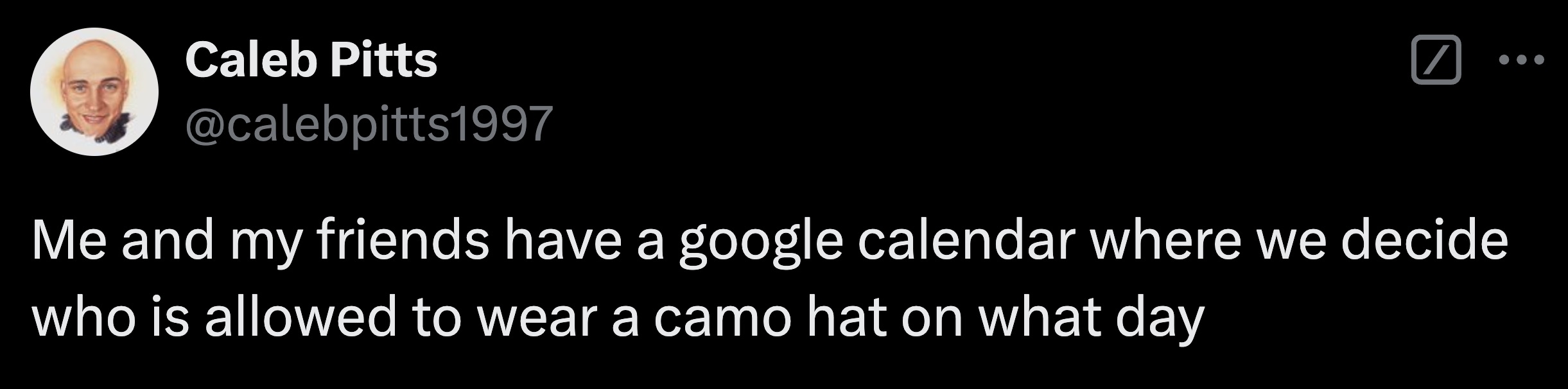 screenshot - Caleb Pitts Me and my friends have a google calendar where we decide who is allowed to wear a camo hat on what day